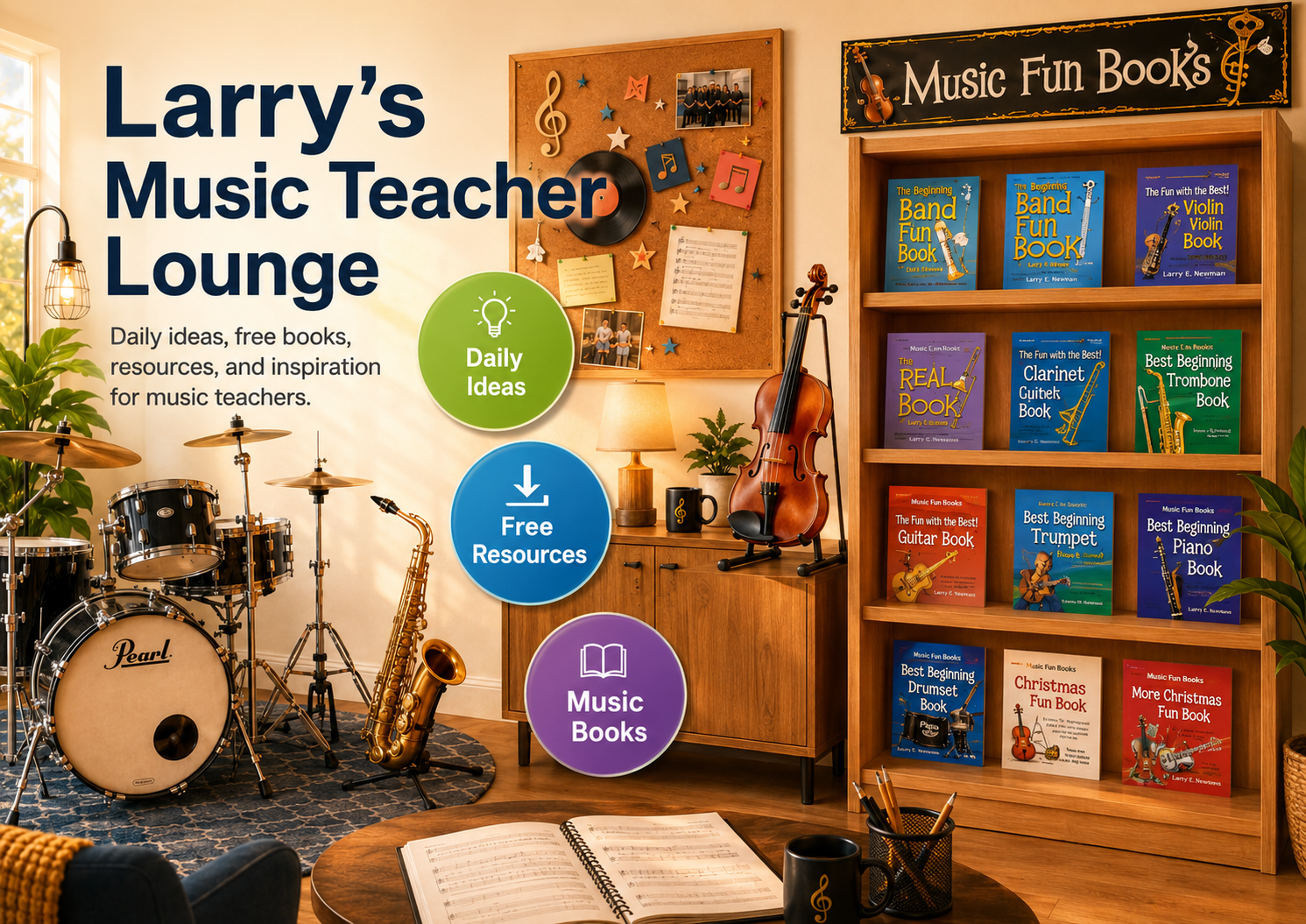 Larry's Music Teacher Lounge promotional image with books, instruments, and teacher resources