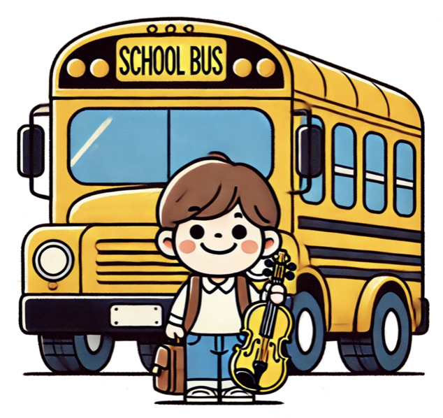 Elementary student getting off a school bus with a violin
