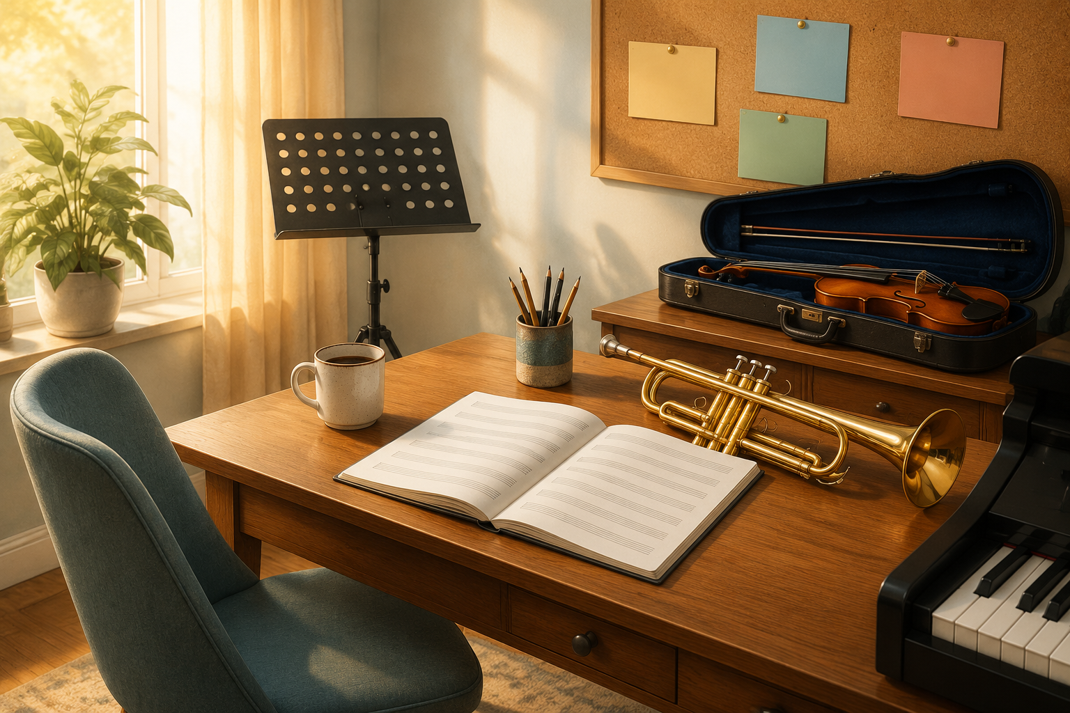 An inviting music teacher workspace with musical instruments, sheet music, teaching materials, and a coffee mug