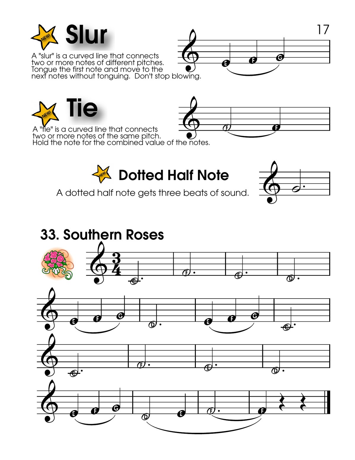 Slurs ties and dotted half notes in The Beginning Band Fun Book