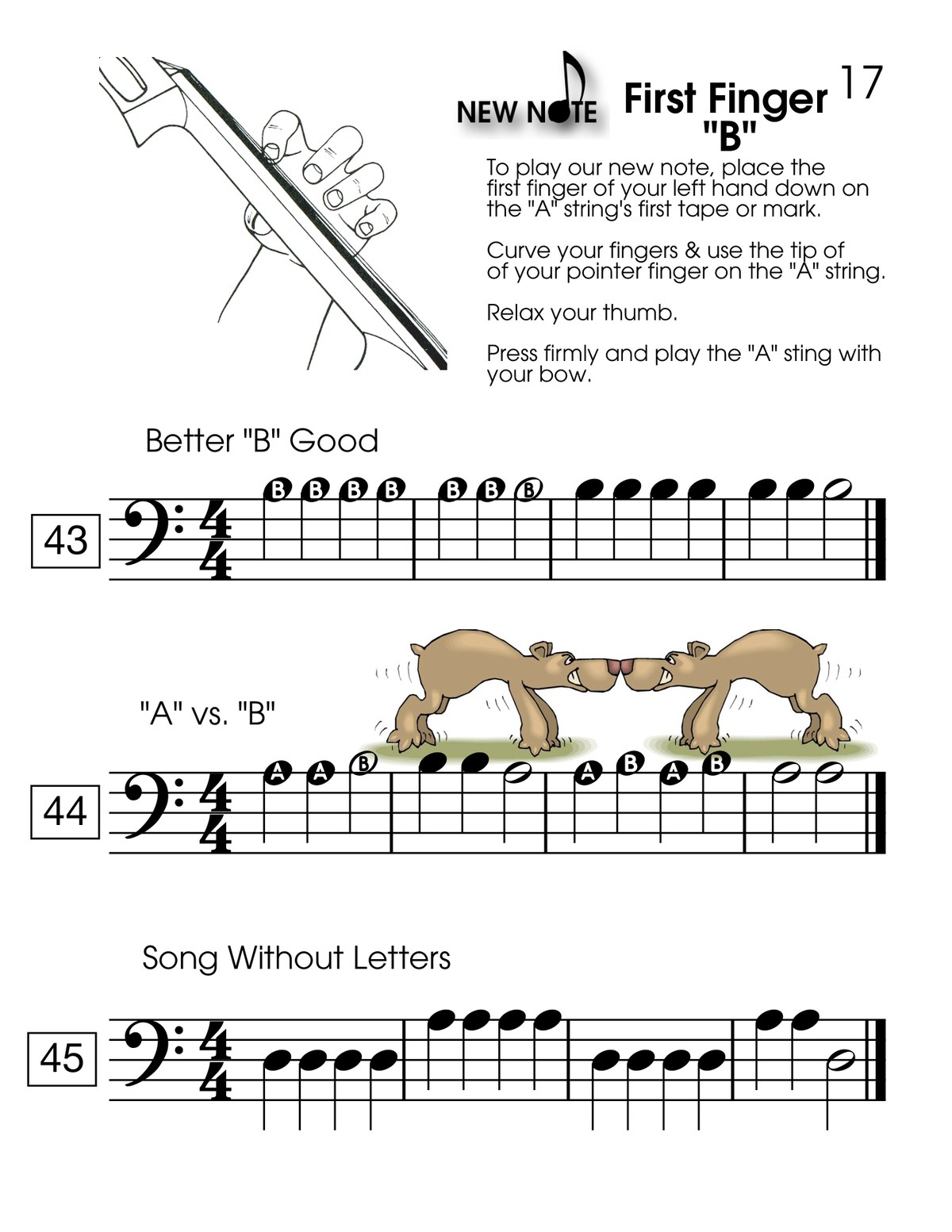 Beginning cello page moving from note letters to standard notation
