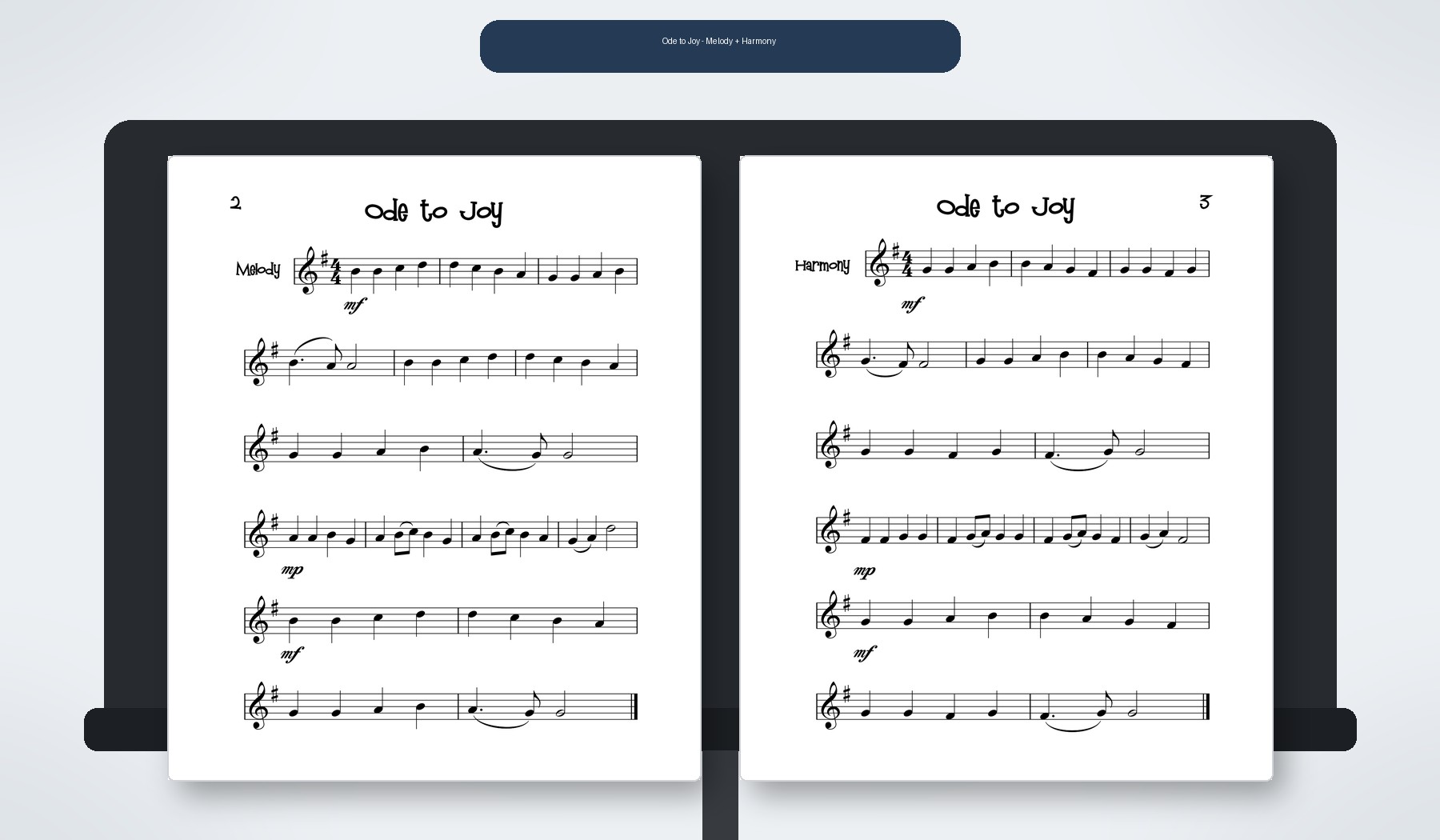 Ode to Joy violin duet with melody and harmony displayed on facing pages