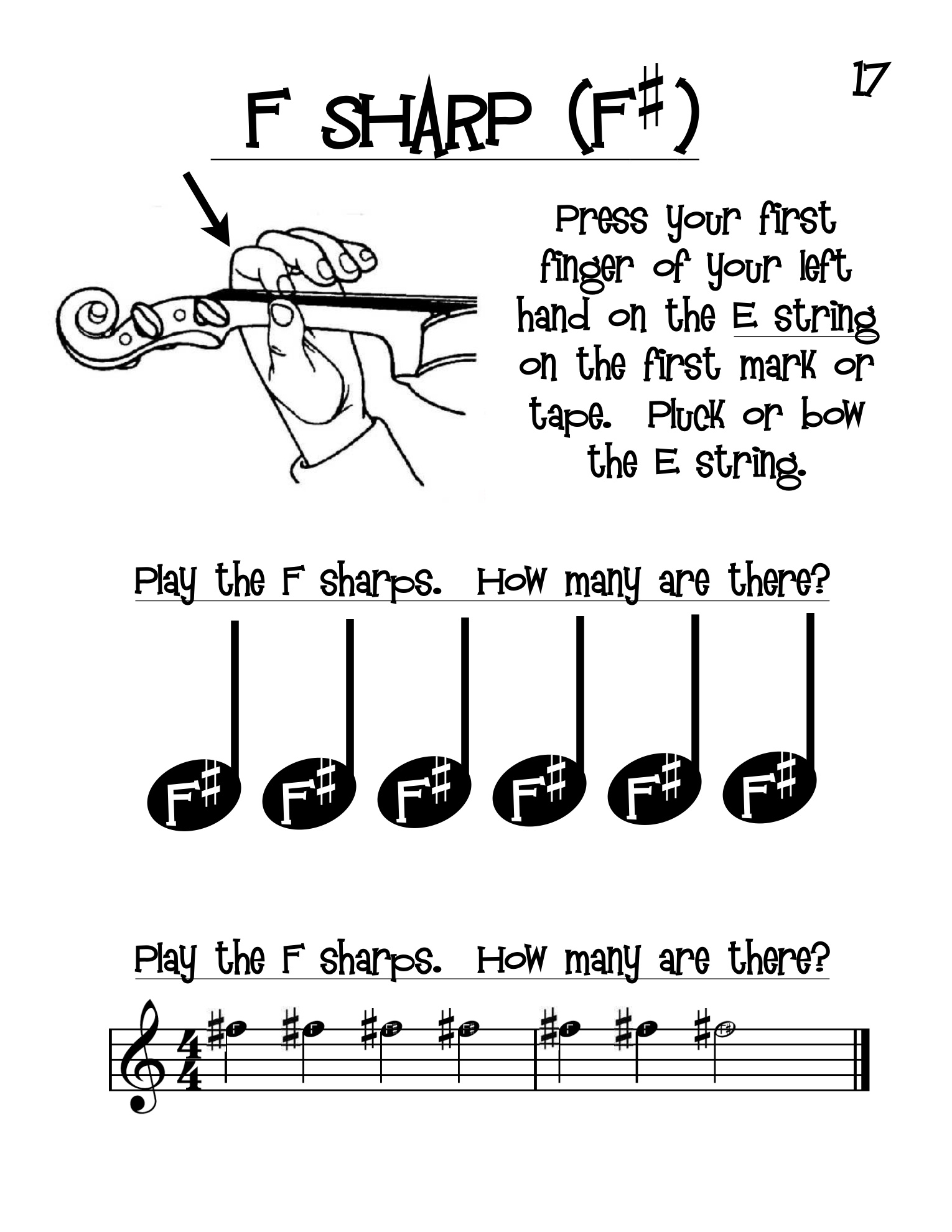 F sharp finger placement page from My First Violin Fun Book