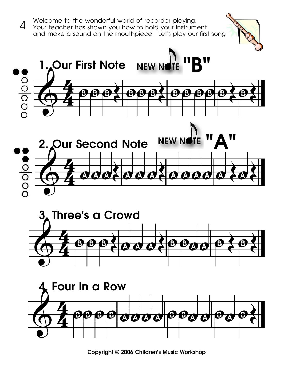 Recorder Fun Book first notes B and A