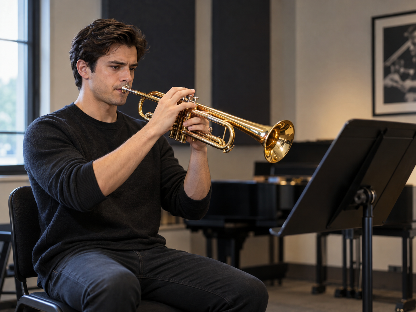 Serious trumpet player practicing a daily maintenance routine