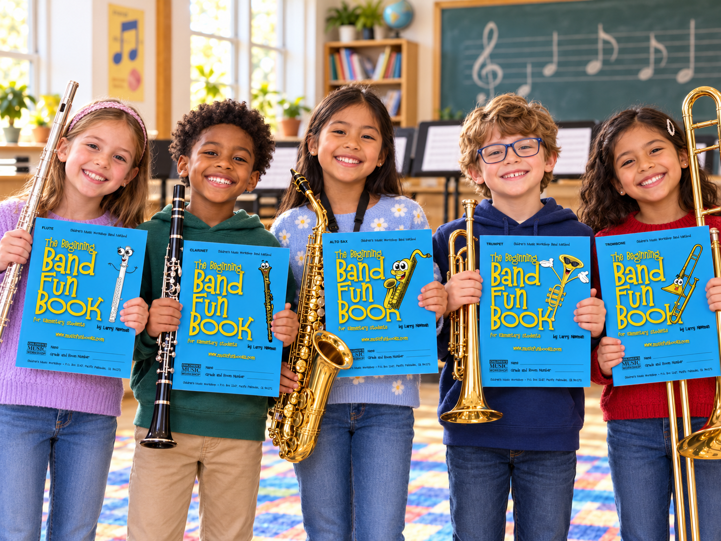Five smiling elementary students holding The Beginning Band Fun Book for flute, clarinet, alto sax, trumpet, and trombone