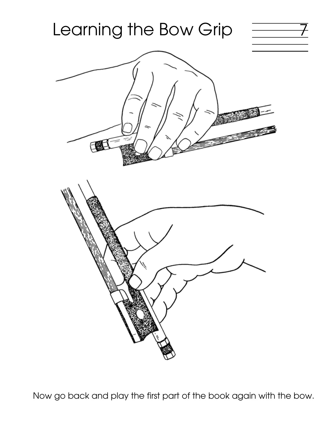 Learning the bow grip in The Bass Fun Book