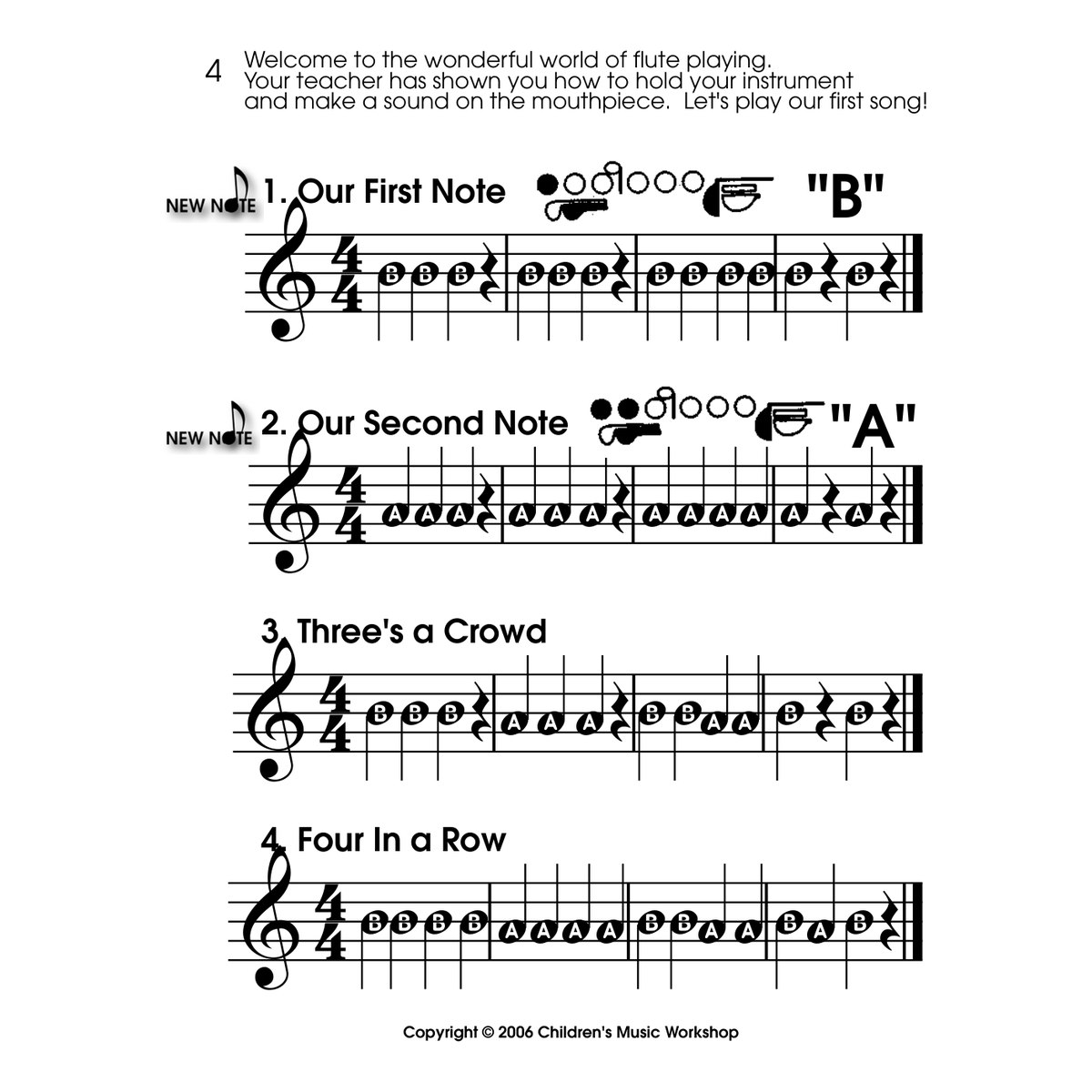 Page 4 of The Beginning Flute Fun Book: The Very First Notes