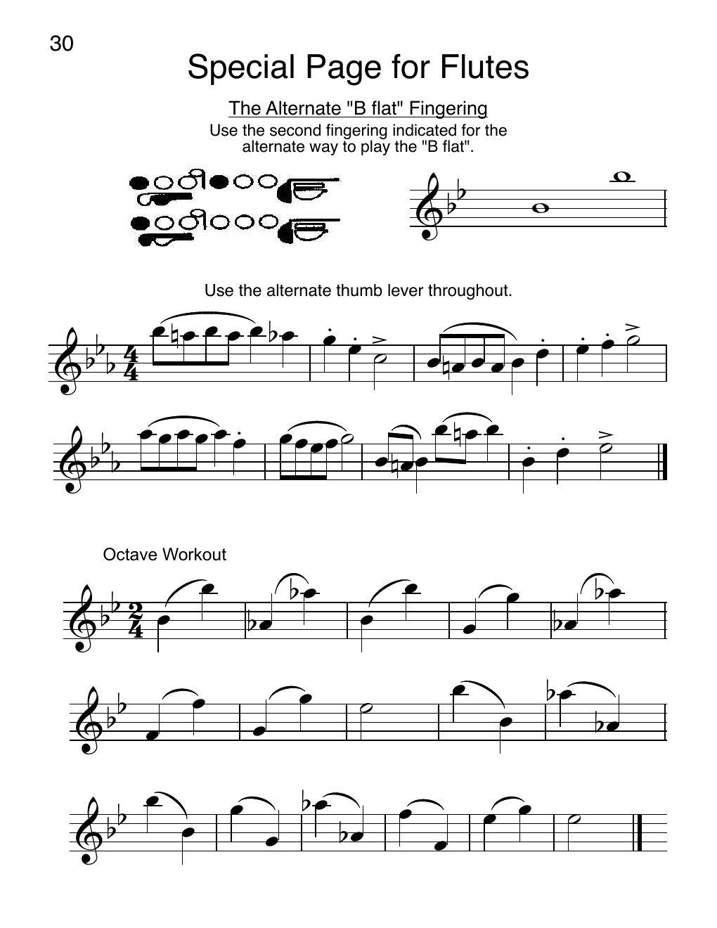 Special flute page with alternate B-flat fingering and octave workout