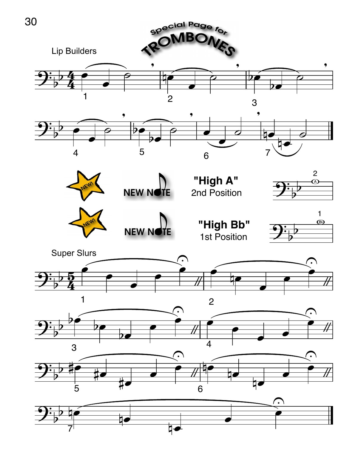 Special trombone page with lip builders and high notes