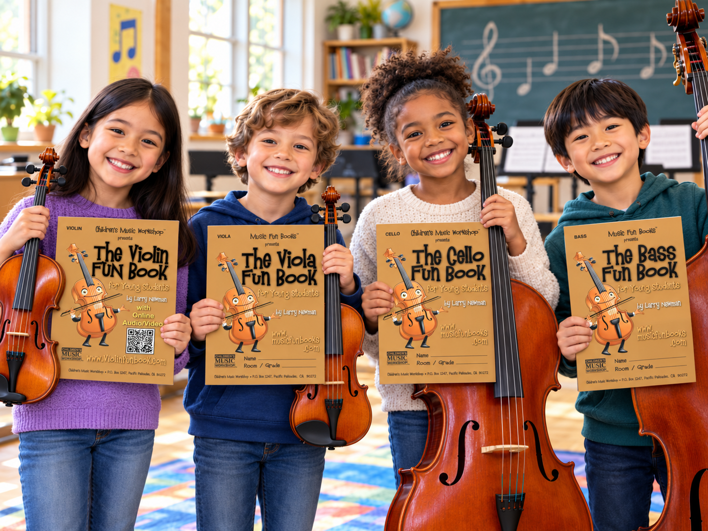 Four smiling elementary students holding The Violin, Viola, Cello, and Bass Fun Books with their string instruments