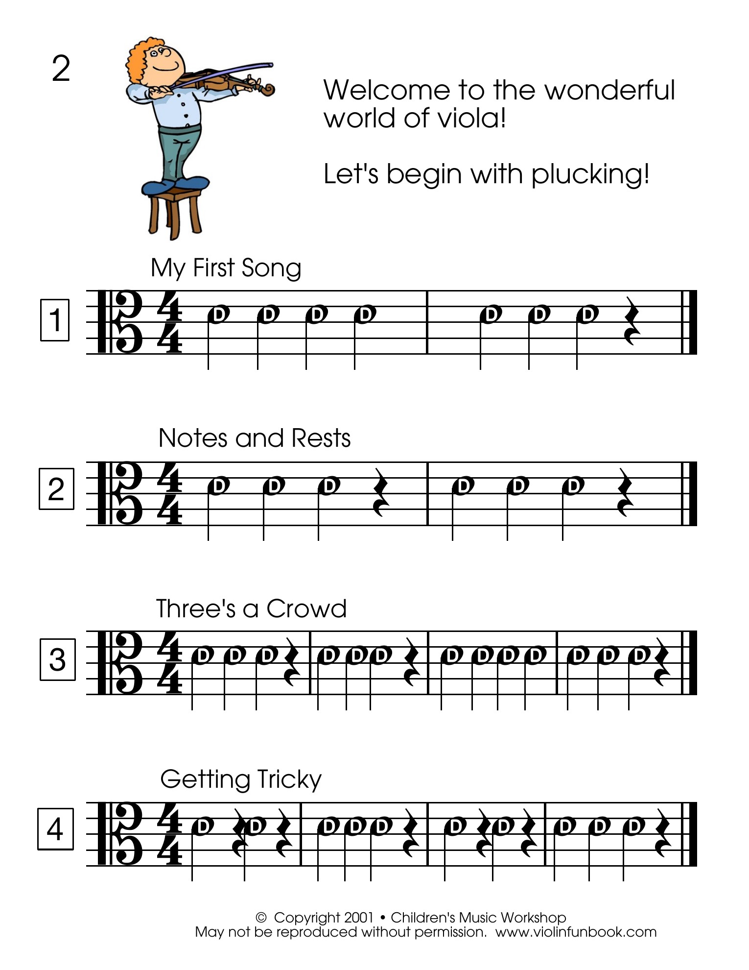 Opening pizzicato exercises from The Viola Fun Book
