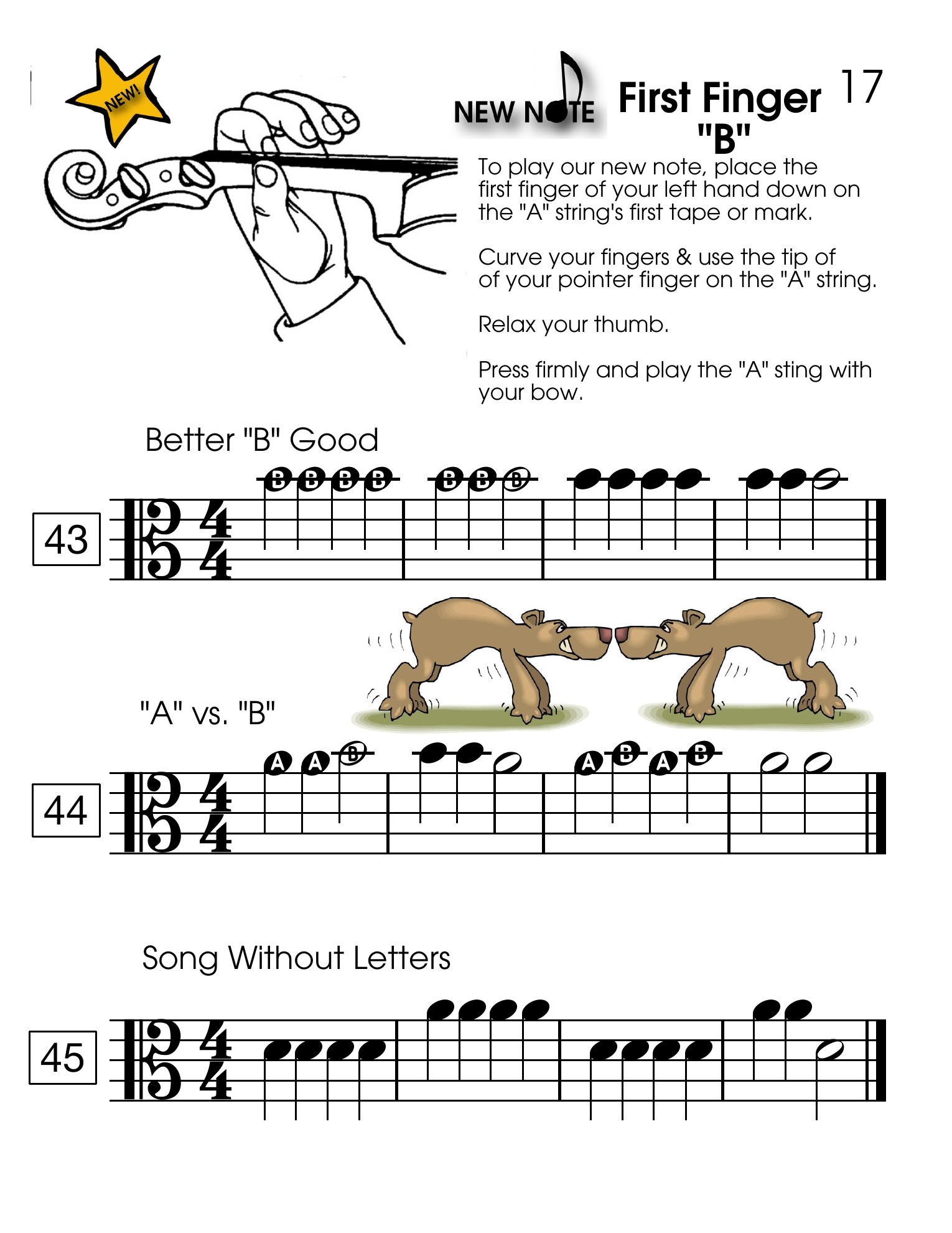 Beginning viola page transitioning from letter names to standard notation